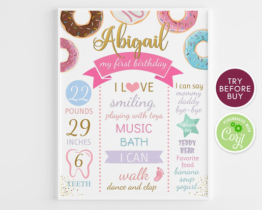 Printable Donut First Birthday Board, Girl Milestone Birthday Chalkboard Sign, Pink Purple Teal Peach Party Poster, DIY Sprinkles Birthday Decor