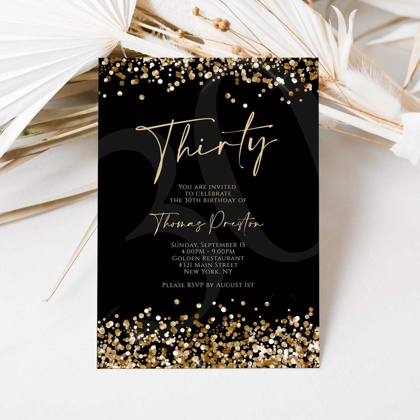 Printable Black Gold 30th Birthday Invitation Template, Luxury Gold Confetti Invite, Editable Men’s Birthday Party Invitation, Instant Download
