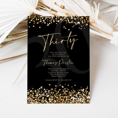 Printable Black Gold 30th Birthday Invitation Template, Luxury Gold Confetti Invite, Editable Men’s Birthday Party Invitation, Instant Download