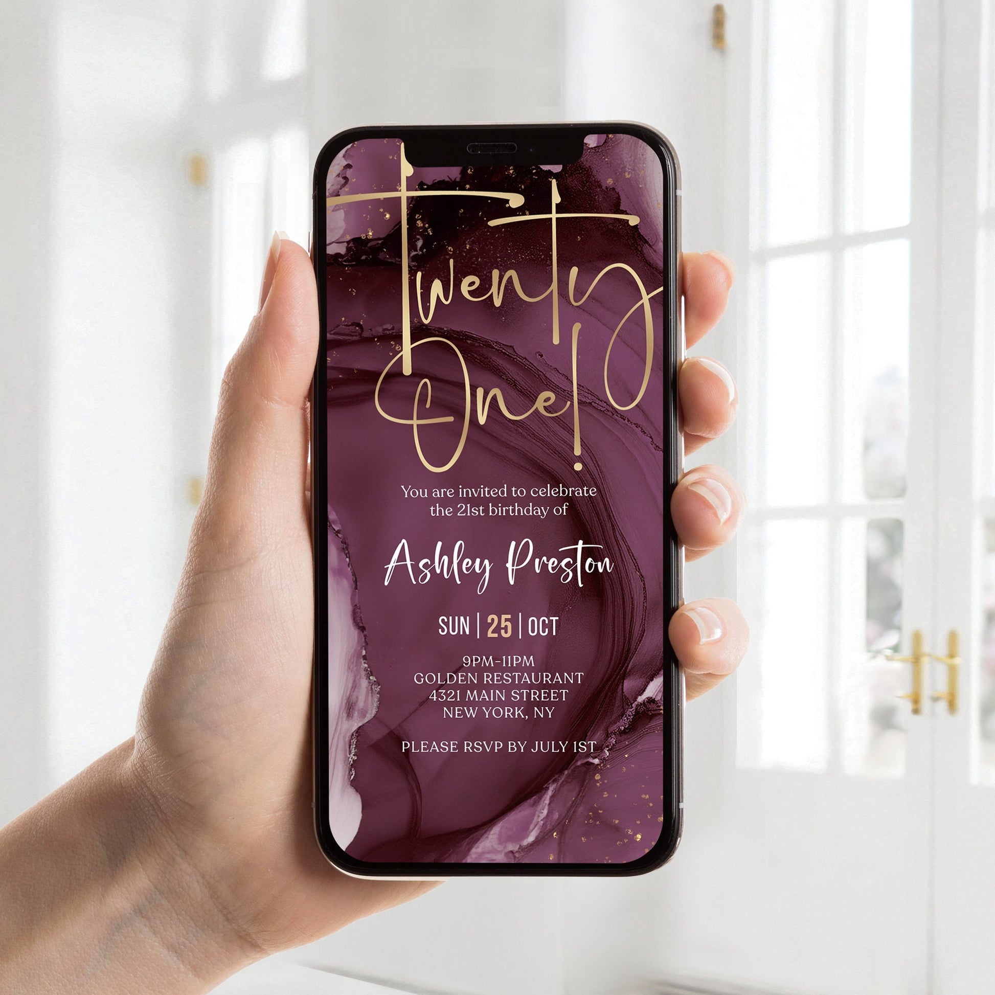 Digital 21st Birthday Invitation, Twenty One Purple Girls 21 Invite For Her, Electronic Self Editable Template eCard, Text Message Evite