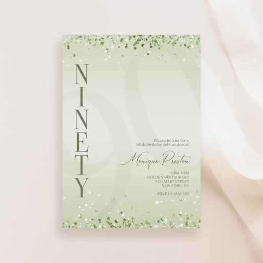 Editable Mint Green 90th Birthday Invitation Template | Printable Surprise Party Invite | Modern Digital Download for Text or Email