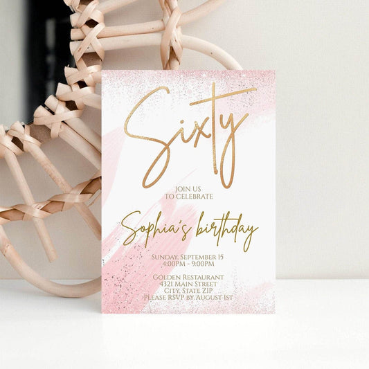 60th Birthday Invitation – Editable Gold Foil Sixty Invitation Template | Watercolor Printable Party Invite | Instant Download