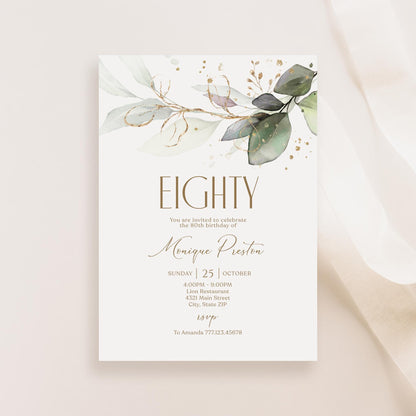Editable Eighty 80th birthday Invitation Card Template, Printable Greenery Gold Leaves Birthday Invite, Digital Template, Email Text Message