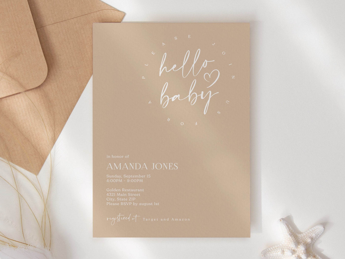Minimalist Baby Shower Invitation Template – Gender Neutral “Hello Baby” Invite | Editable Modern Shower Card | Digital Download