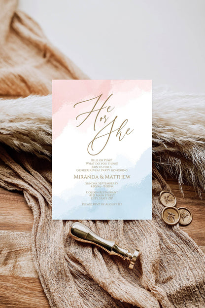 Printable Gender Reveal Invitation Template, He or She Neutral Baby Shower Invite, Boy or Girl Editable Invitation, Pink Blue Watercolor