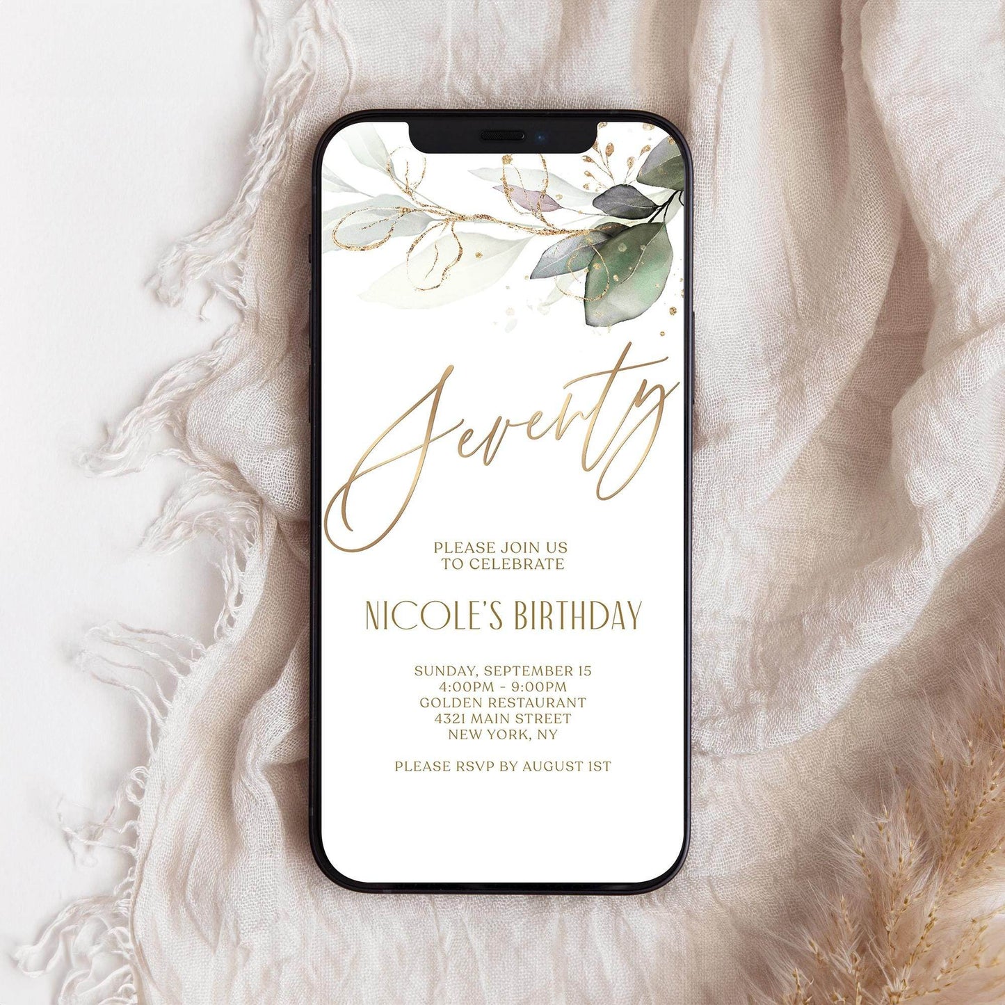 Digital Greenery Seventy 70th Birthday Invitation Template, Boho Phone Party Invite, Text Message Evite, Electronic Invite, Instant Download