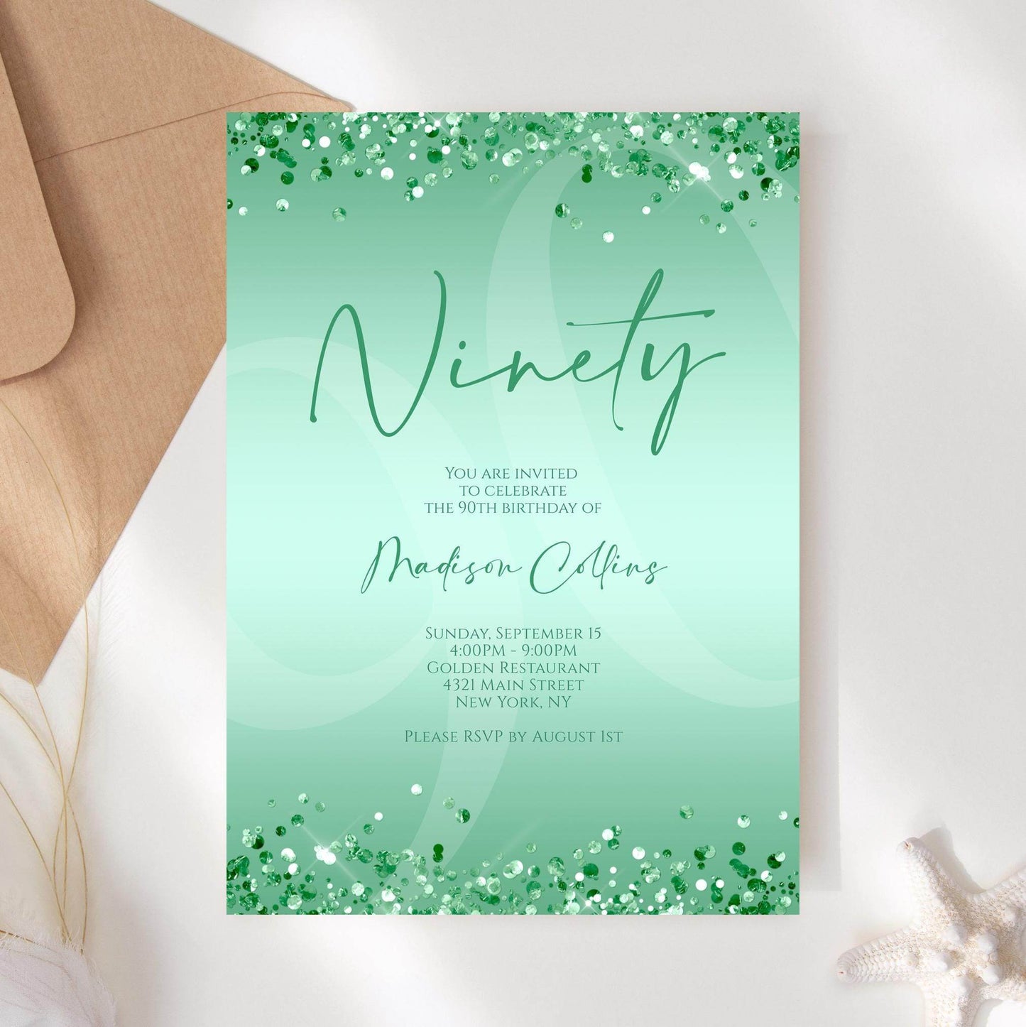 Printable Mint Green 90th Birthday Invitation Template | Editable Digital Mint Birthday Card for Women | Instant Download