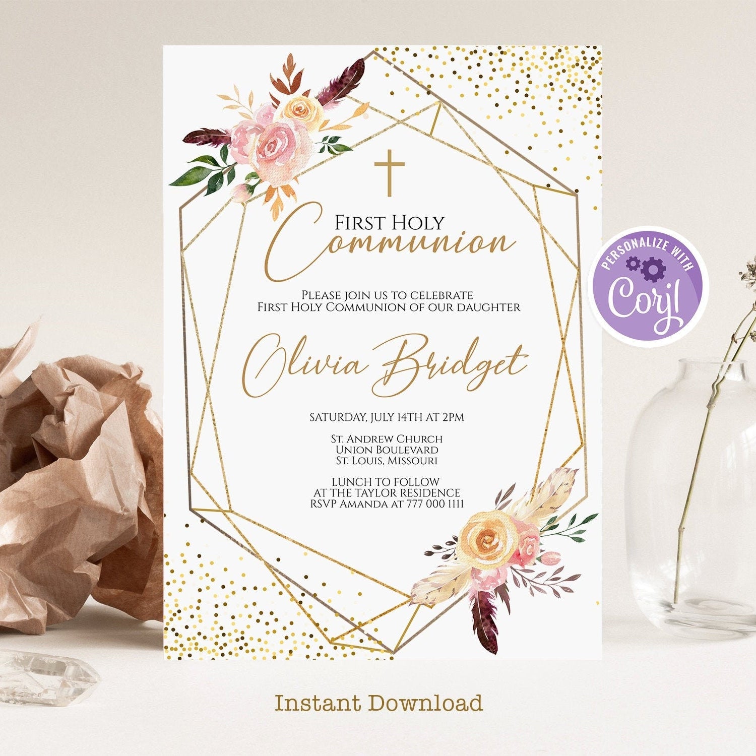 FIRST HOLY Communion Invitation, Baby Girl First Communion Template, Editable Baptism Invite, Baby Christening, Blush Pink Gold Digital File