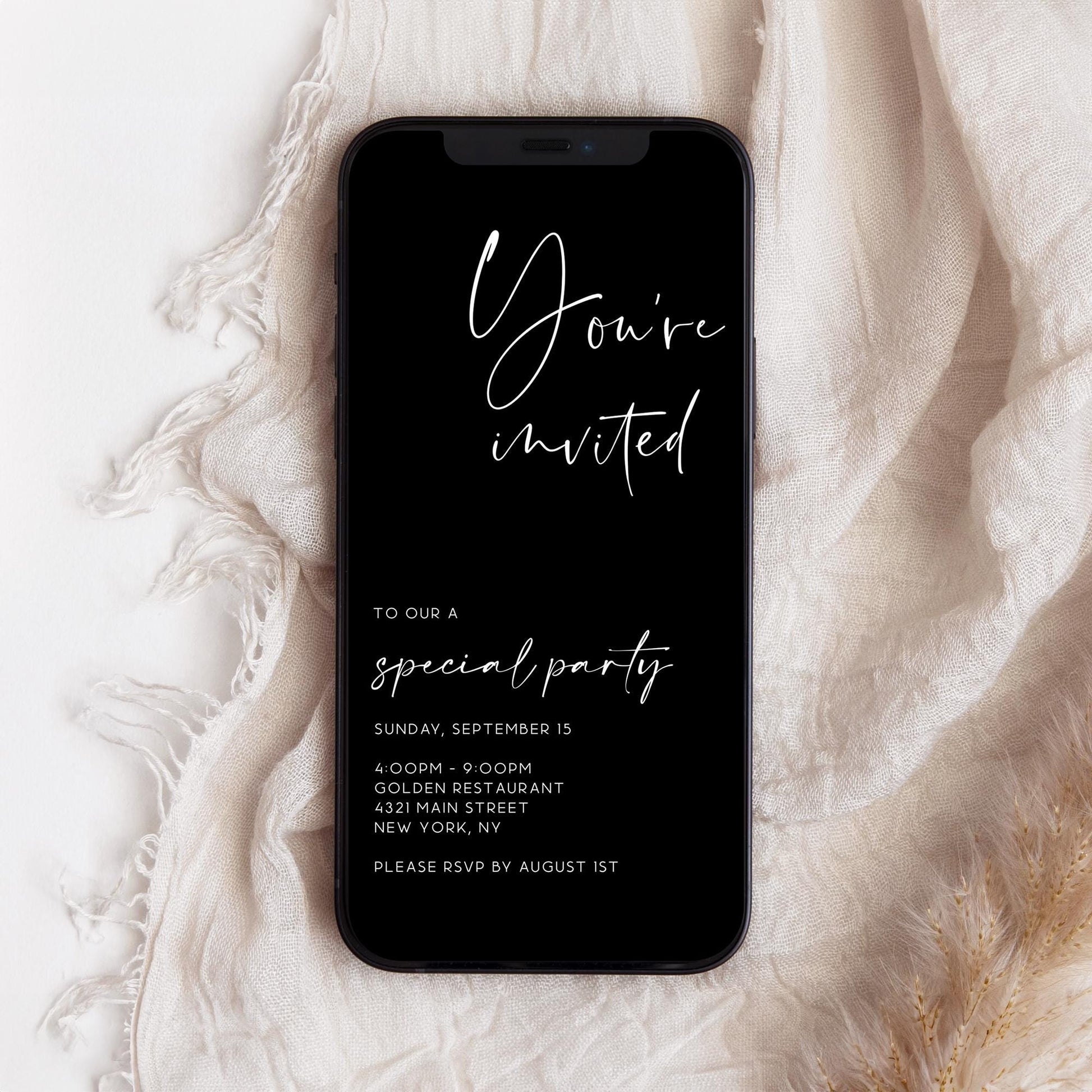 Black Modern Business Text Message Invitation Template, Electronic, Minimalist You're Invited, Special event invitation, EDITABLE, Download