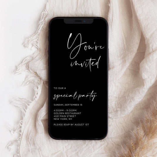 Black Modern Business Text Message Invitation Template, Electronic, Minimalist You're Invited, Special event invitation, EDITABLE, Download