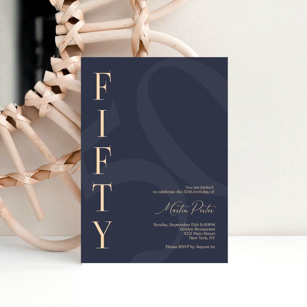 Navy 50th Birthday Invitation Template, Printable Minimalist Fifty Birthday Invite, Modern Elegant Men’s Birthday Evite, Editable Instant Download