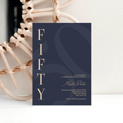 Navy 50th Birthday Invitation Template, Printable Minimalist Fifty Birthday Invite, Modern Elegant Men’s Birthday Evite, Editable Instant Download