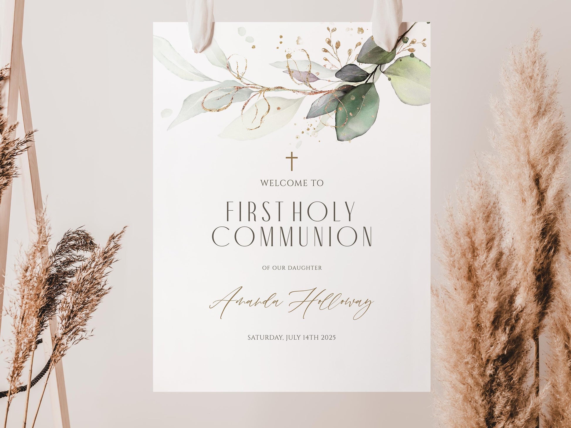 Printable First Holy Communion Welcome Sign Template – Greenery Eucalyptus Design