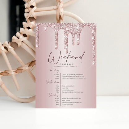Printable Rose Gold Glitter Weekend Itinerary Invitation – Editable 5x7 Template