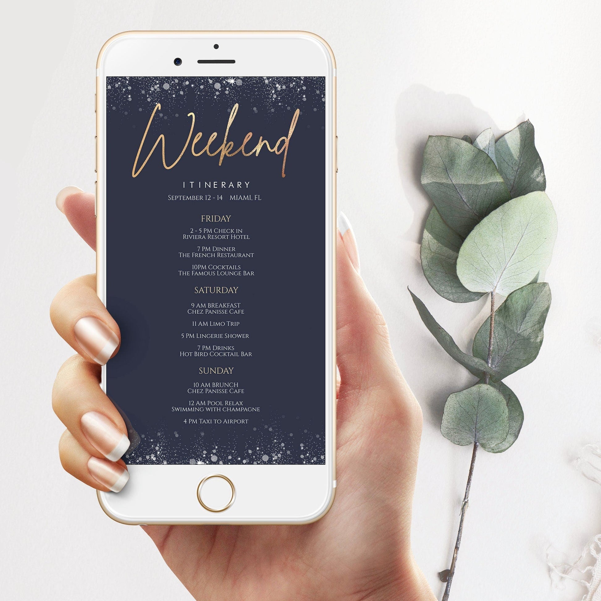 Navy Gold Foil Electronic Itinerary, Birthday, Bachelorette, Wedding, Electronic Schedule, Email Itinerary, Editable Text Message, Phone