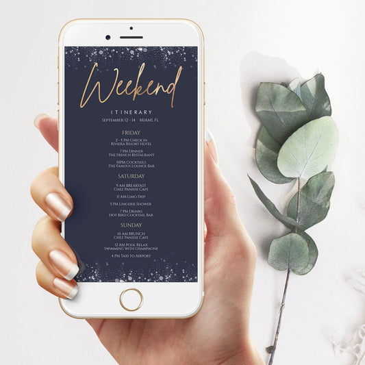 Navy Gold Foil Electronic Itinerary, Birthday, Bachelorette, Wedding, Electronic Schedule, Email Itinerary, Editable Text Message, Phone