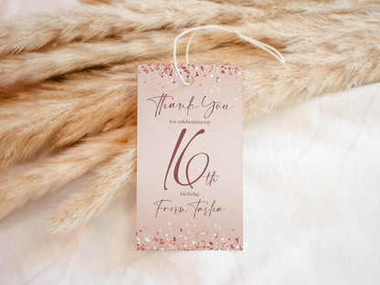 Rose Gold Sweet Sixteen Birthday Favor Tag, Printable Thank You Tag Template, Pink Editable Party Favor Label, Any Age Digital Tag