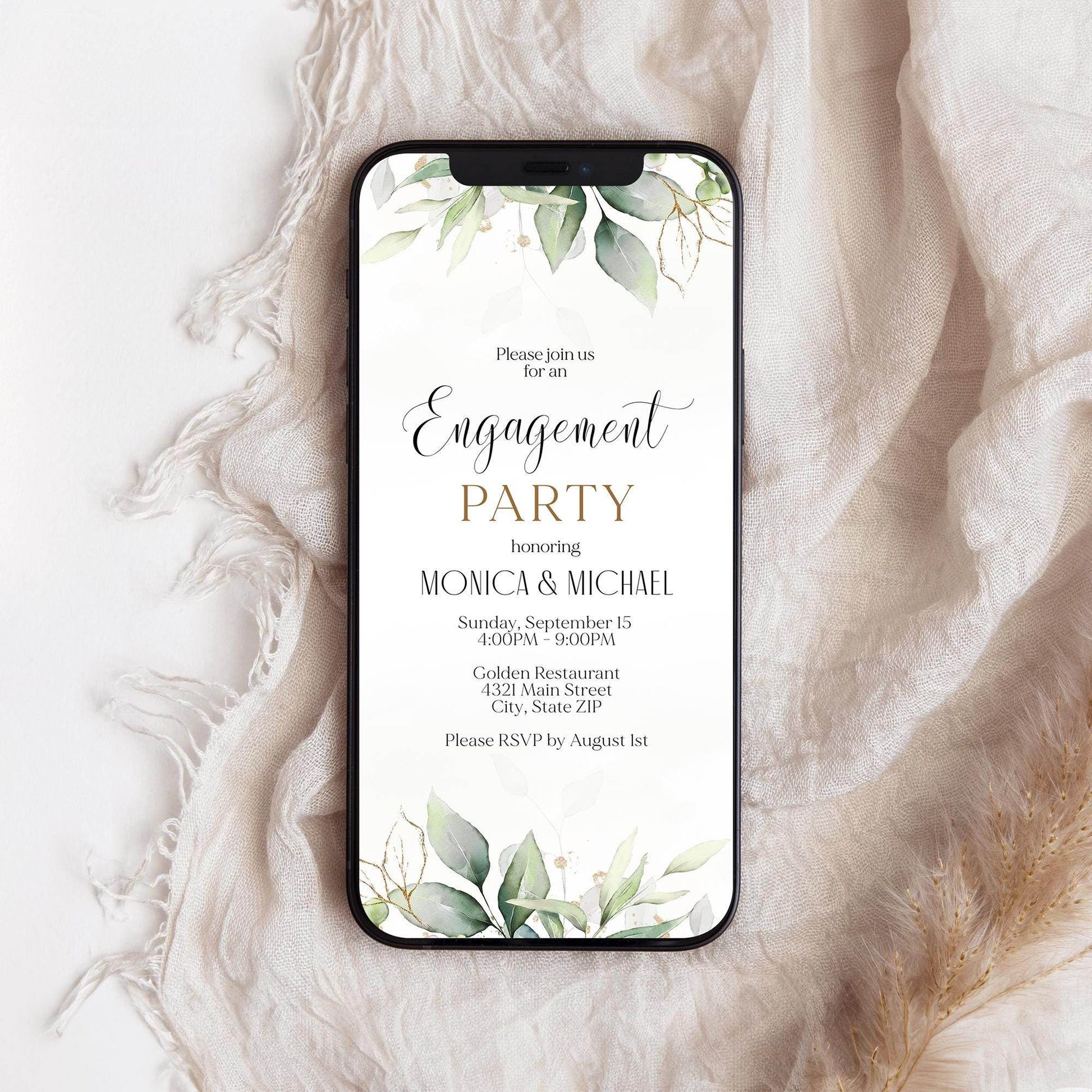 Electronic Engagement Invitation Evite, Editable Text Message Invite, Gold Greenery Eucalyptus Digital Card, Phone Email Announcement