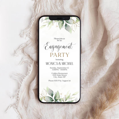 Electronic Engagement Invitation Evite, Editable Text Message Invite, Gold Greenery Eucalyptus Digital Card, Phone Email Announcement