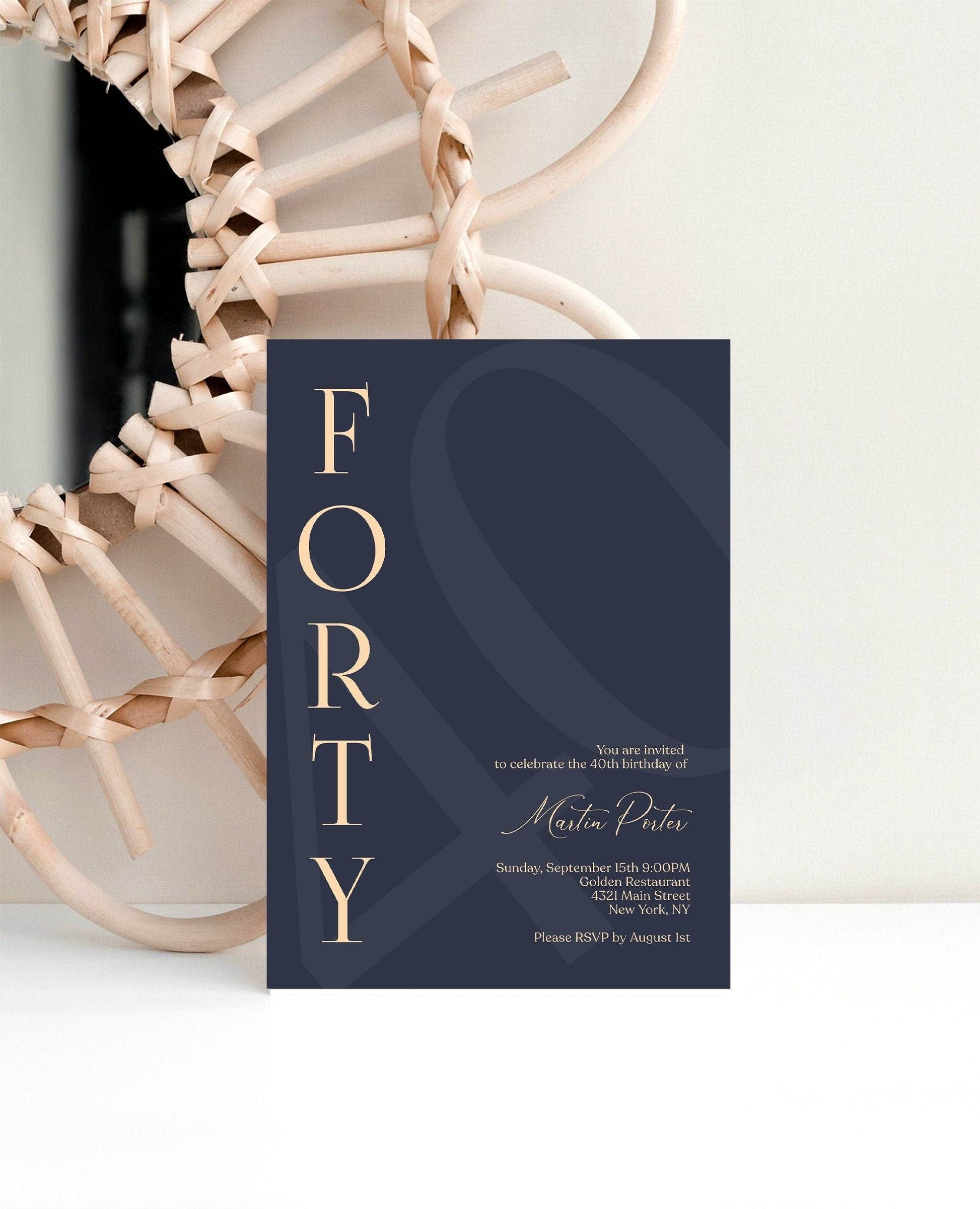 Navy 40th Birthday Invitation Template, Printable Modern Minimalist Forty Birthday Invite for Him, Editable Men’s Evite, Instant Download