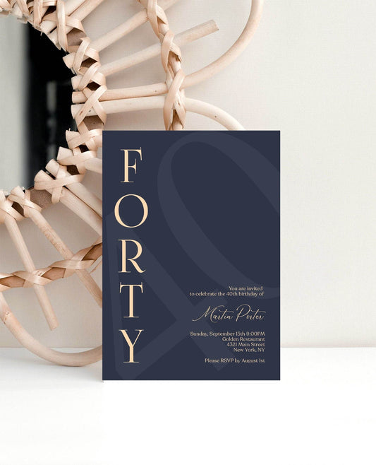 Navy 40th Birthday Invitation Template, Printable Modern Minimalist Forty Birthday Invite for Him, Editable Men’s Evite, Instant Download