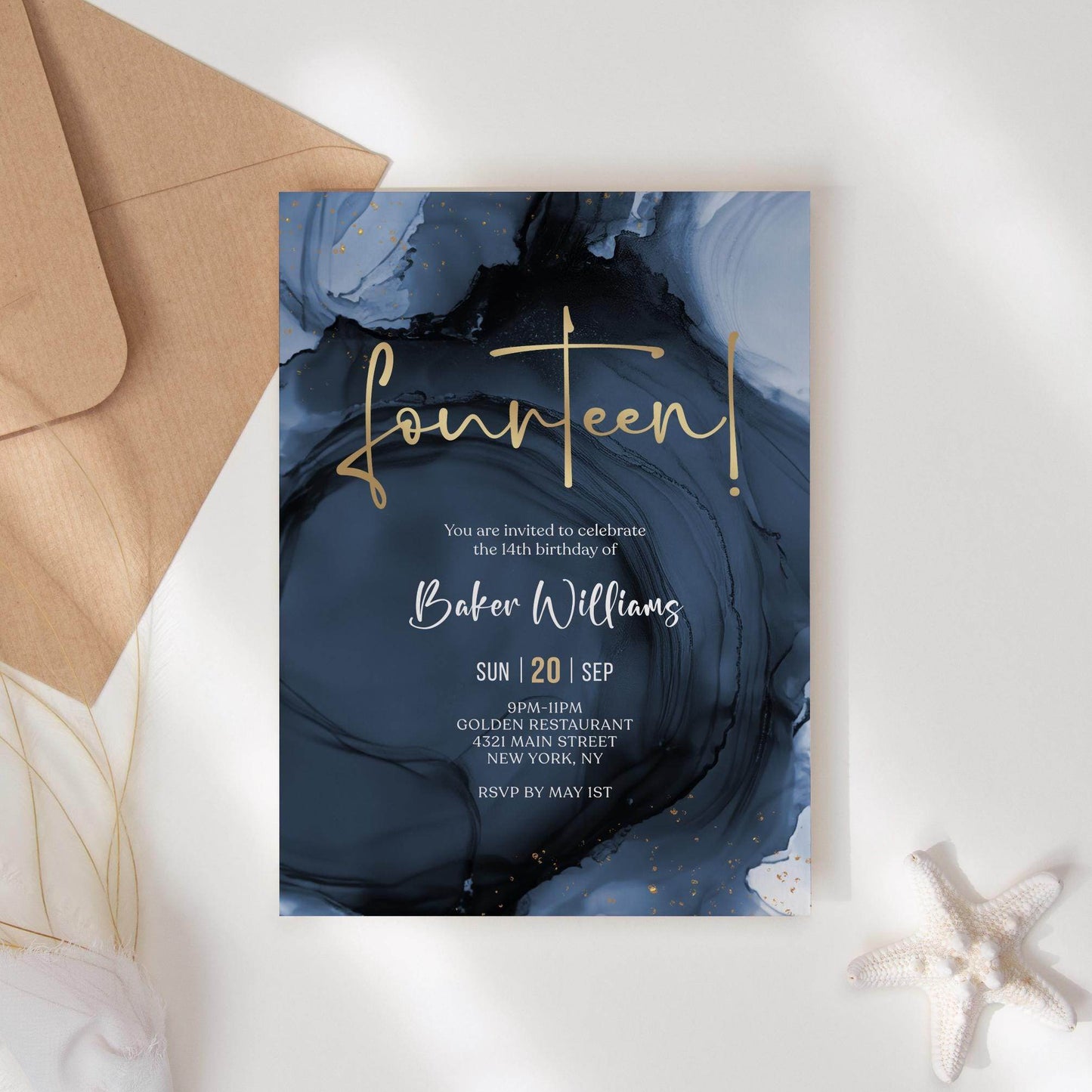 Editable 14th Birthday Invitation Template – Blue Navy & Gold Surprise Invite – Printable Boy Party Evite – Text or Email Digital Download