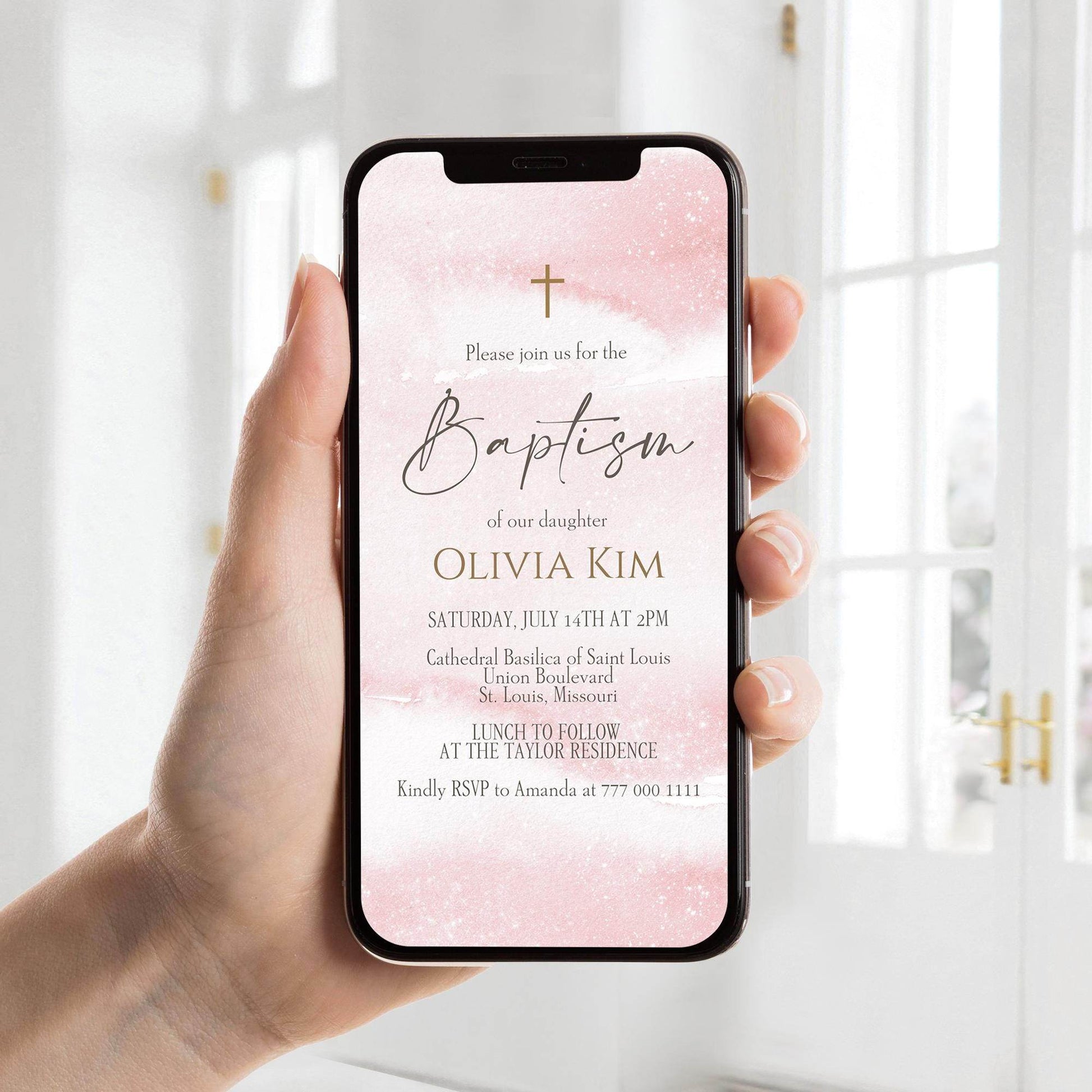 Digital Girl Baptism Invitation – Editable Pink Watercolor Christening Evite Template – Gold Text Message Invite – Girls Baptism or Christening eCard