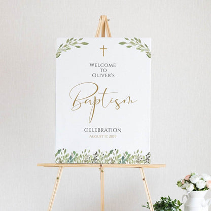 Greenery Baptism Welcome Sign, Welcome to Baptism Sign Template, Printable Christening, Boy Girl Baptism Decor, Instant Download Editable