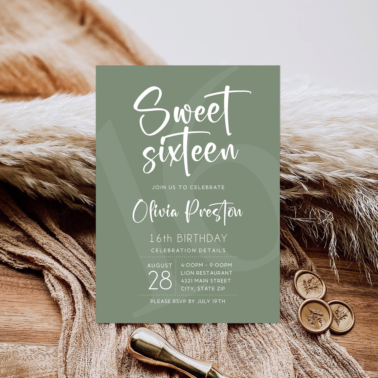 Sweet Sixteen Birthday Invitation Template - Sage Green | Instant Download
