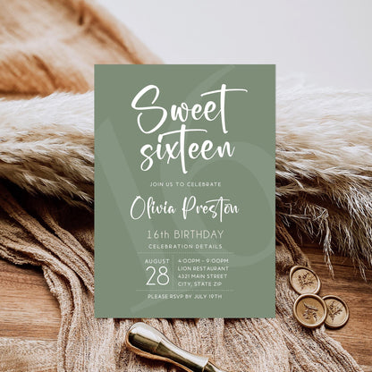Sweet Sixteen Birthday Invitation Template - Sage Green | Instant Download