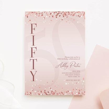Pink Rose Gold 50th Birthday Invitation Template | Editable Surprise Party Invite | Printable & Digital Evite for Email or Text
