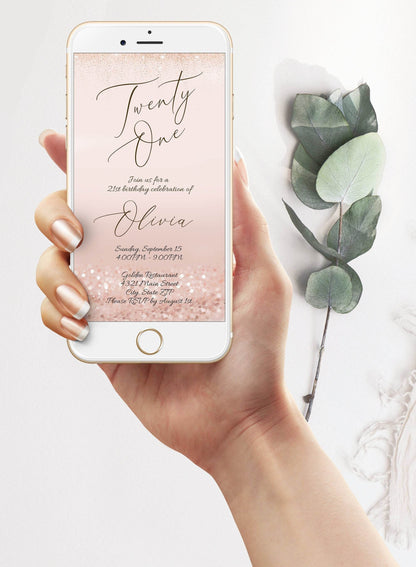 Electronic Rose Gold Glitter Twenty One Birthday Invitation Evite, Editable Template, Digital 21st Birthday Party Invite, Instant Download