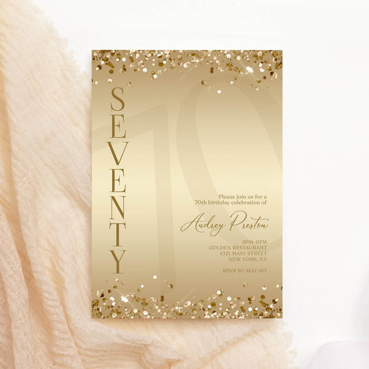 Luxury Gold 70th Birthday Invitation Template – Editable Surprise Party Evite – Printable Gold Confetti Card – Digital Seventy Invite
