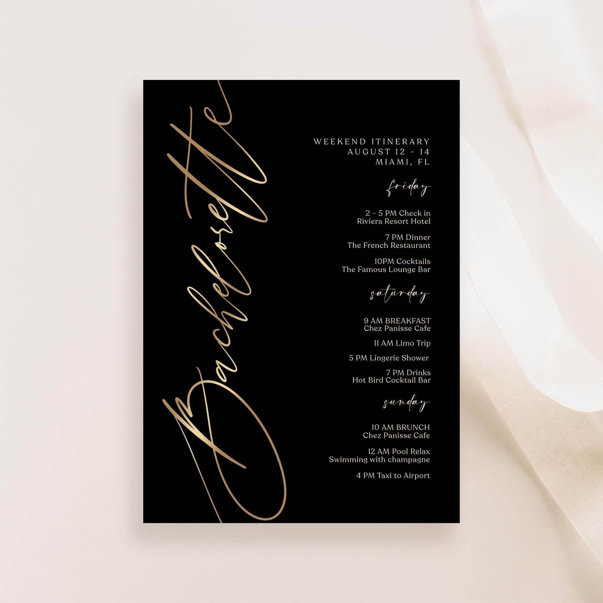Black Bachelorette Itinerary Template, Editable Weekend Event Schedule, Printable Elegant Itinerary, Digital Download, Text Message Evite