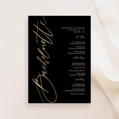 Black Bachelorette Itinerary Template, Editable Weekend Event Schedule, Printable Elegant Itinerary, Digital Download, Text Message Evite