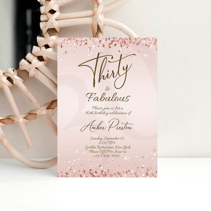 Rose Gold 30th Birthday Invitation for Her – Thirty & Fabulous Surprise Party Invite | Editable Rose Gold Template | Printable Women’s Digital Download