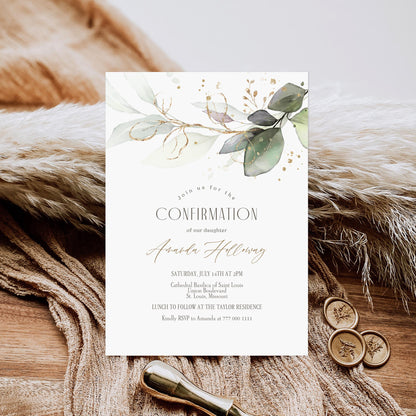 Confirmation Invitation Template | Printable Greenery Eucalyptus Invite | Editable Baptism or Confirmation Card | Instant Download