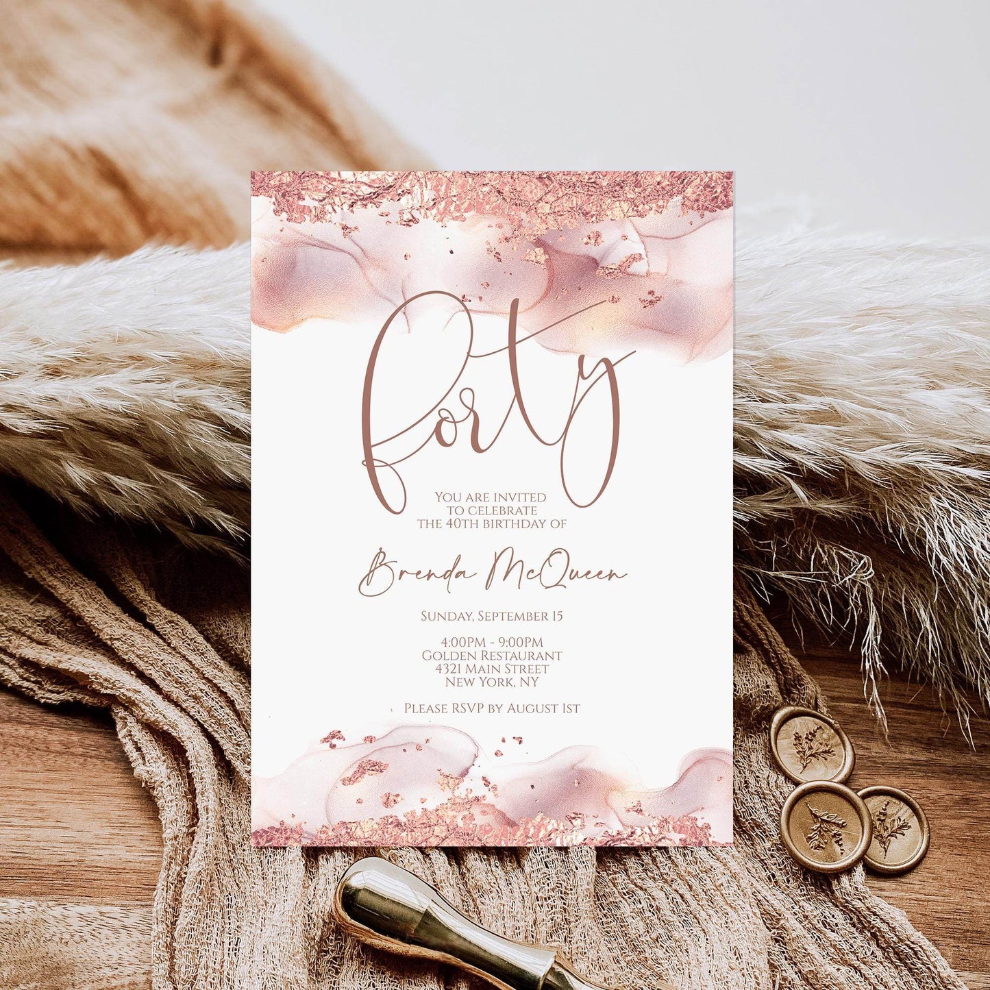 Rose Gold 40th Birthday Invitation Template | Editable Forty Women Birthday Card | Printable Rose Gold Foil Invite | Text Message Digital Download