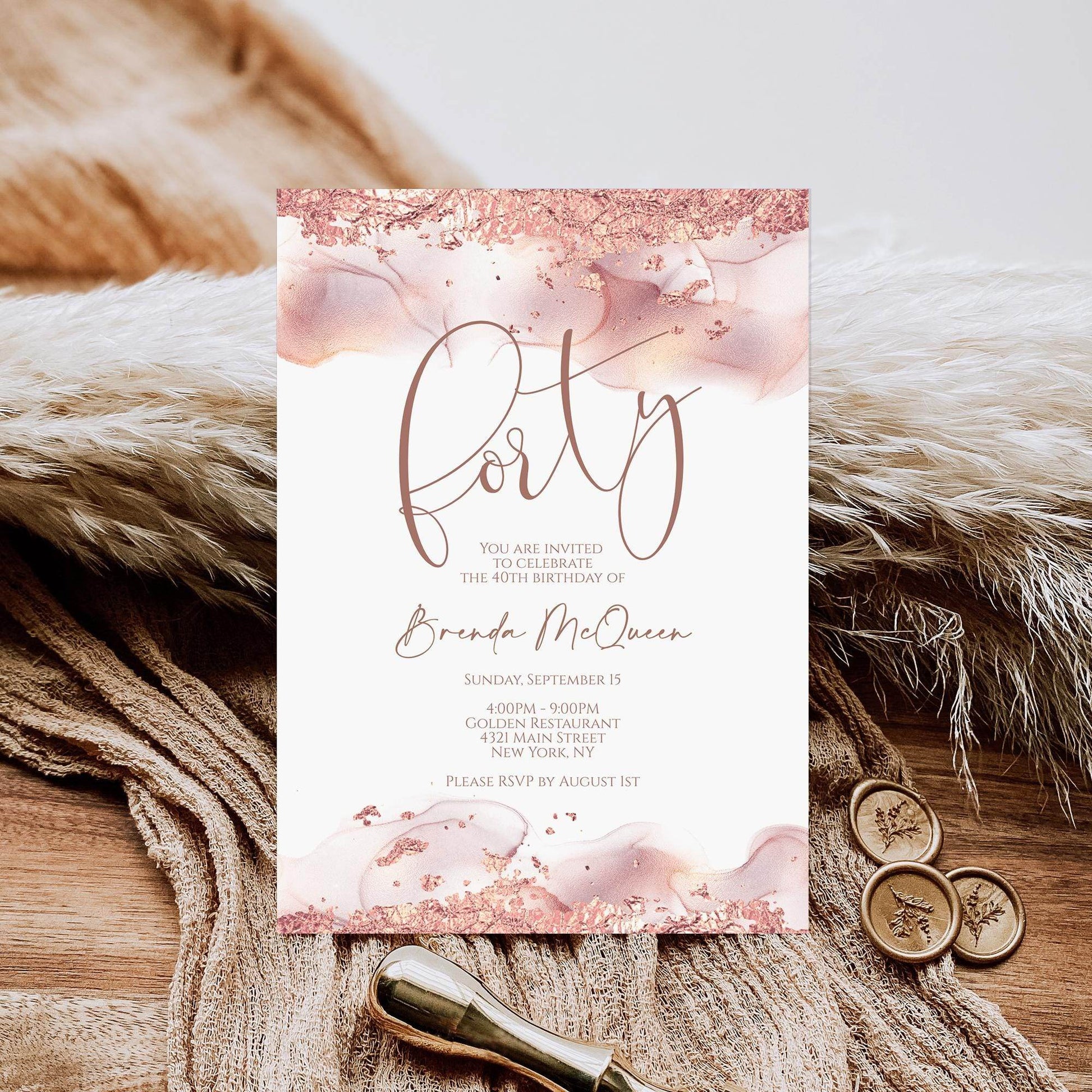 Rose Gold 40th Birthday Invitation Template | Editable Forty Women Birthday Card | Printable Rose Gold Foil Invite | Text Message Digital Download
