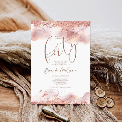 Rose Gold 40th Birthday Invitation Template | Editable Forty Women Birthday Card | Printable Rose Gold Foil Invite | Text Message Digital Download