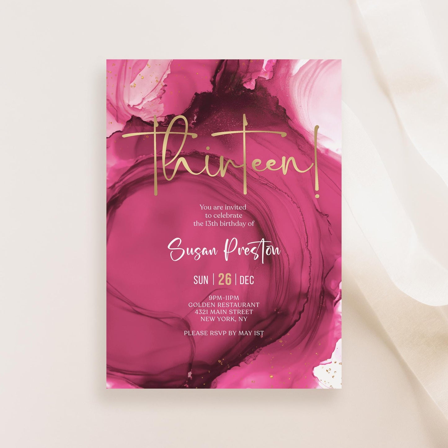 Fuchsia Pink Gold 13th Thirteen Birthday Invitation Template, Printable Girl Dinner Party Invite, Editable Surprise Evite, Digital Download