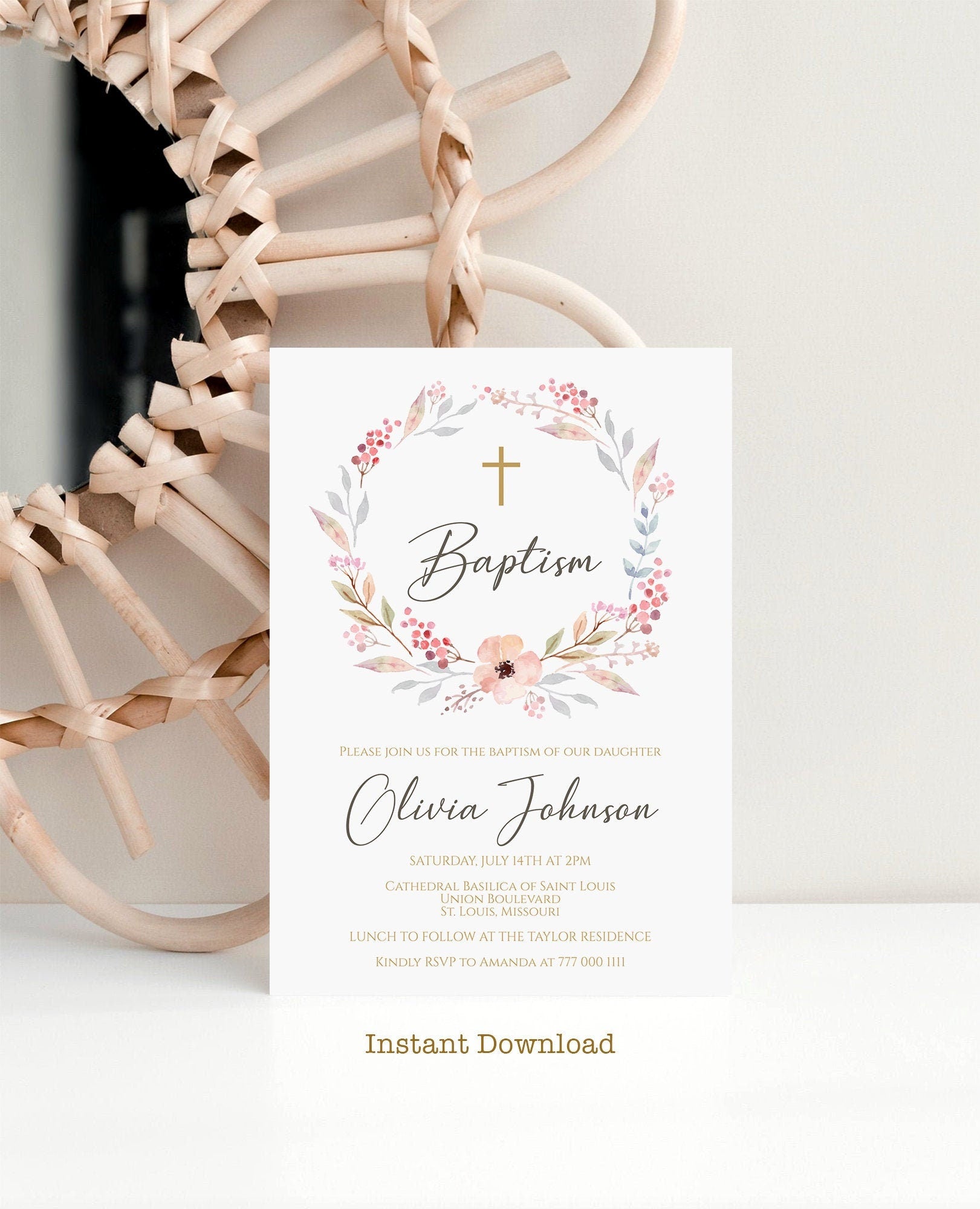 Girl Baptism Invitation Template Editable, Boho Floral Girl Invite Template, Printable Blush Pink Christening Card Invite, Digital Download