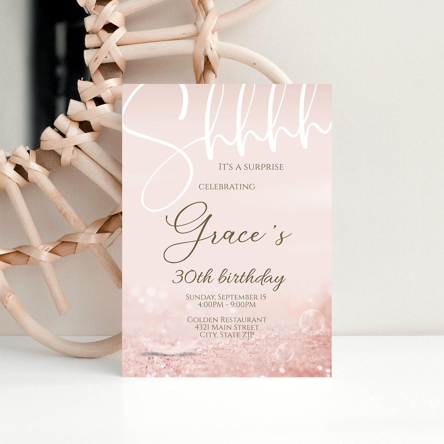 Shhh It's a Surprise 30th Birthday Invitation | Editable Rose Gold Luxury Template | Printable Surprise Party Invite | Instant Download