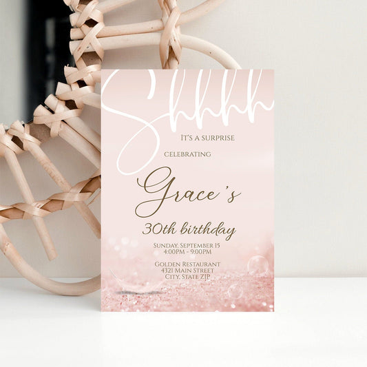 Shhh It's a Surprise 30th Birthday Invitation | Editable Rose Gold Luxury Template | Printable Surprise Party Invite | Instant Download