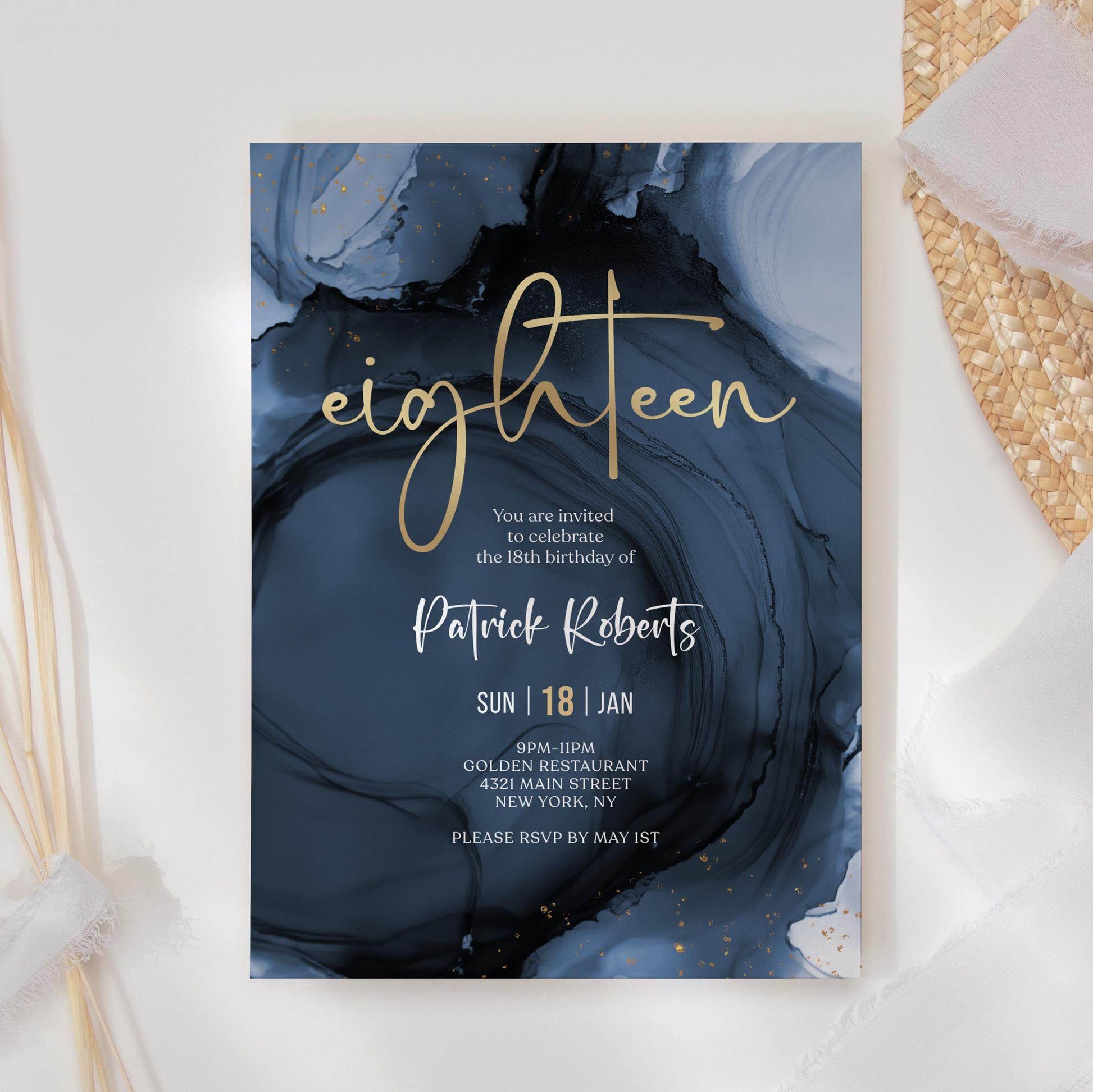 Blue Gold 18th Birthday Invitation Template, Printable Navy Birthday Invite for Him, Editable Surprise Party Card, Digital Instant Download