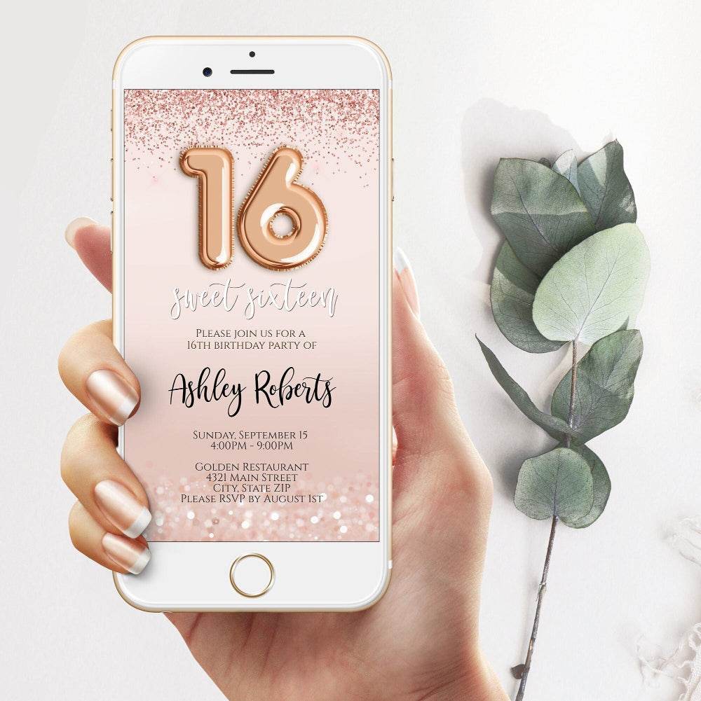 Sweet 16 Birthday Party Evite – Rose Gold 16th Birthday Electronic Invitation – Editable Digital Invite Template – Sweet Sixteen Balloon Text Message Invitation