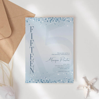 Editable Blue Confetti 15th Birthday Invitation – Printable Boy Birthday Invite | Surprise Party Template | Digital Text or Email Download | Blue & Silver Modern Design