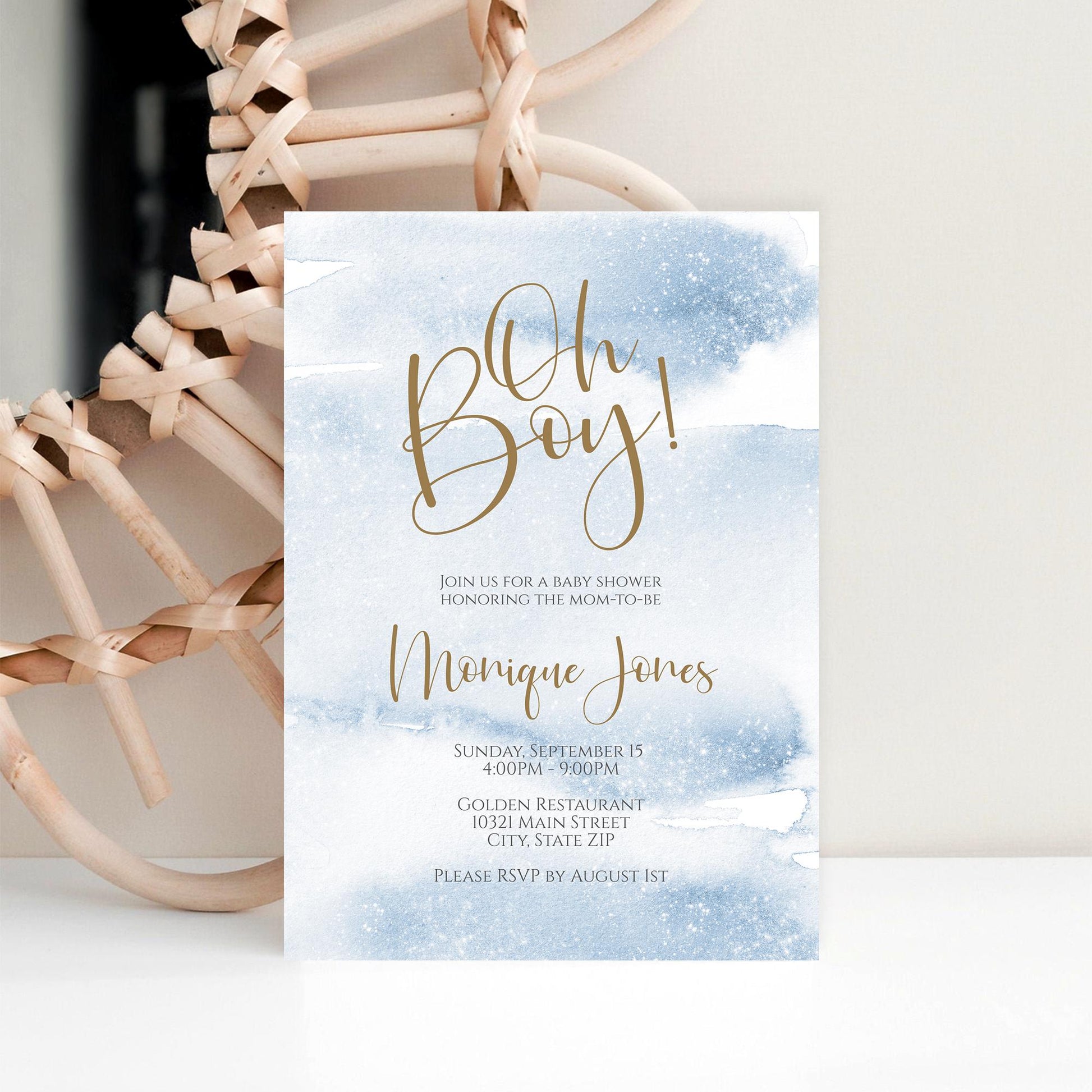 Printable Oh Boy Baby Shower Invitation Template, Boy Baby Shower Invites Blue Watercolor, Editable Invitation, Modern Baby Shower Invite