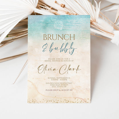 Editable Beach Bridal Shower Invite, Brunch and bubbly, Ocean Bridal Shower, Turquoise Gold, Printable Invitation Template, Instant Download