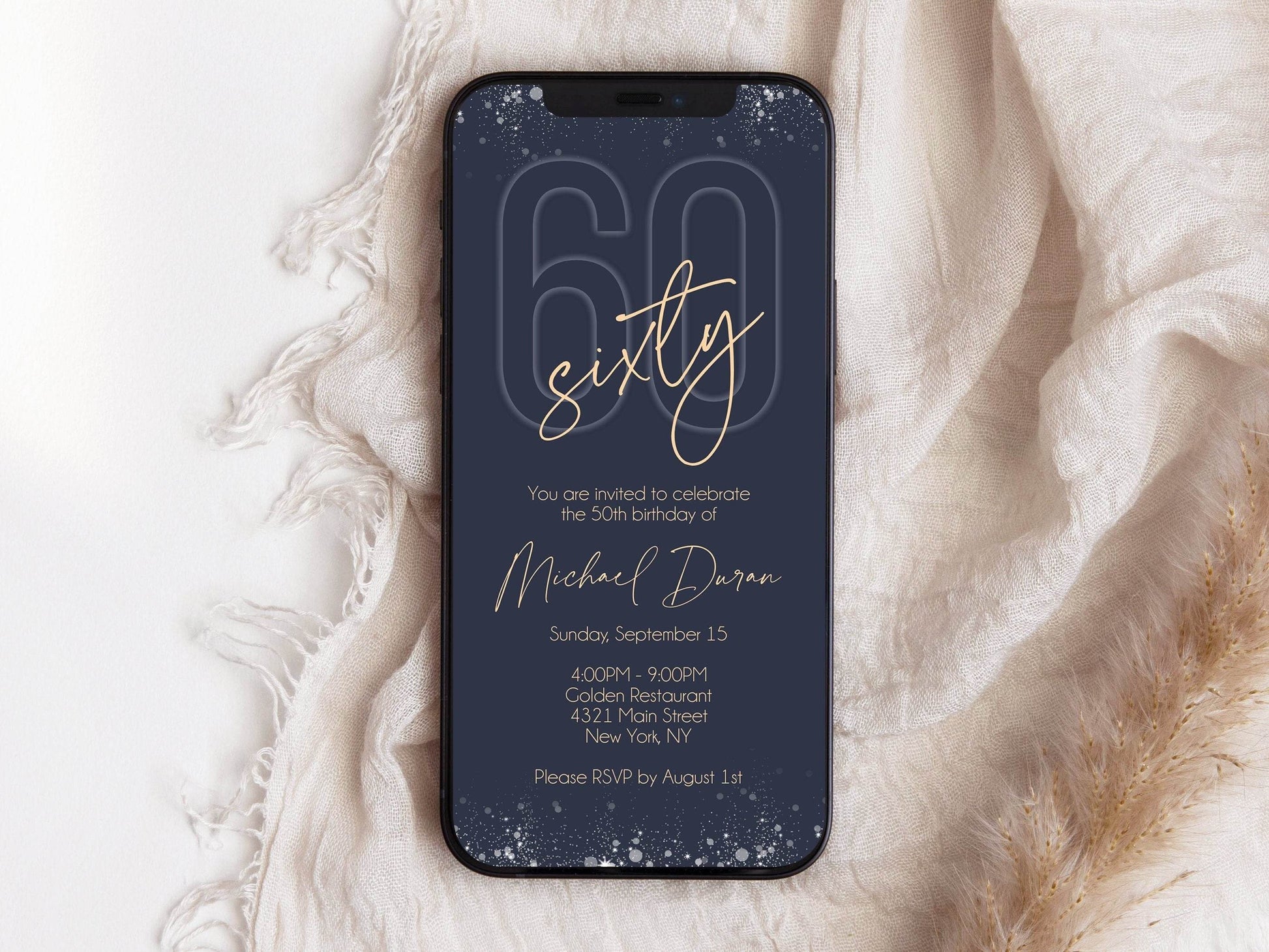 Navy Blue 60th Birthday Invitation, Electronic Navy Gold Digital Phone Invite, Text Message Evite, Editable Men's Mobile Invitation Template, Instant Download